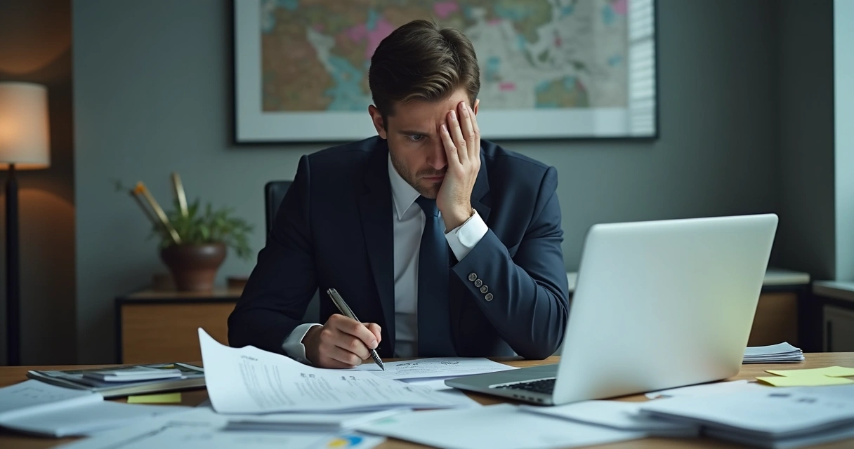 Executivo frustrado olhando para pilha de papéis e notebook, representando ponto de dor 