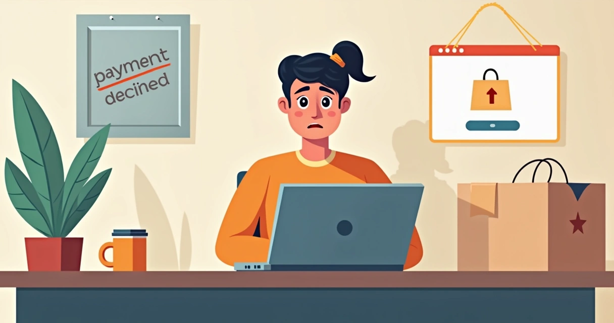 Cliente frustrado em loja virtual, olhando para tela de computador com mensagem de pagamento recusado. 