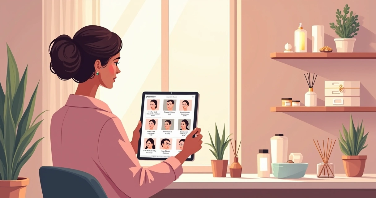 Profissional de estética acessando histórico de cliente em tablet 