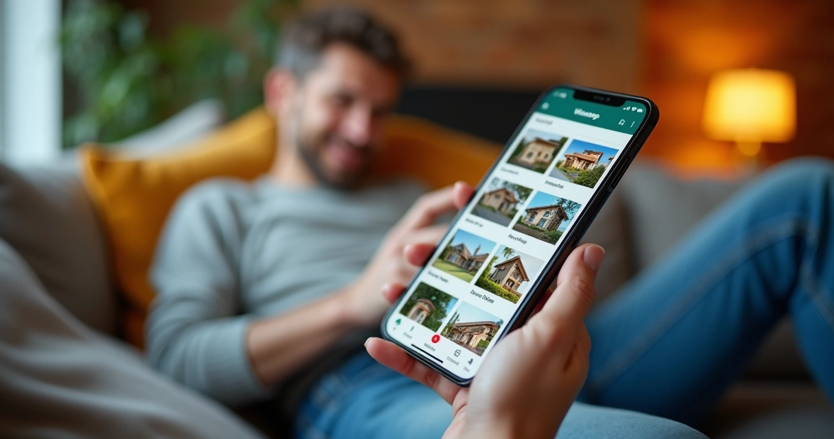 Pessoa avaliando fotos de imóveis no WhatsApp do celular 