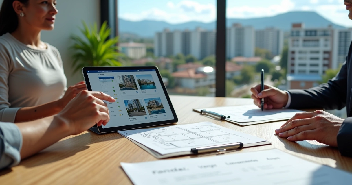 Casal analisando opções de imóveis em Contagem em tablet com mapa na mesa 