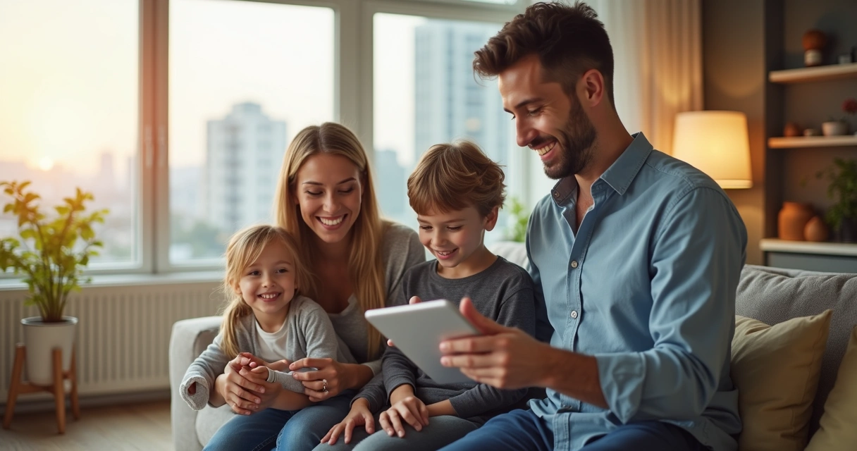 Família jovem visitando imóvel com corretor usando tablet e interface digital 