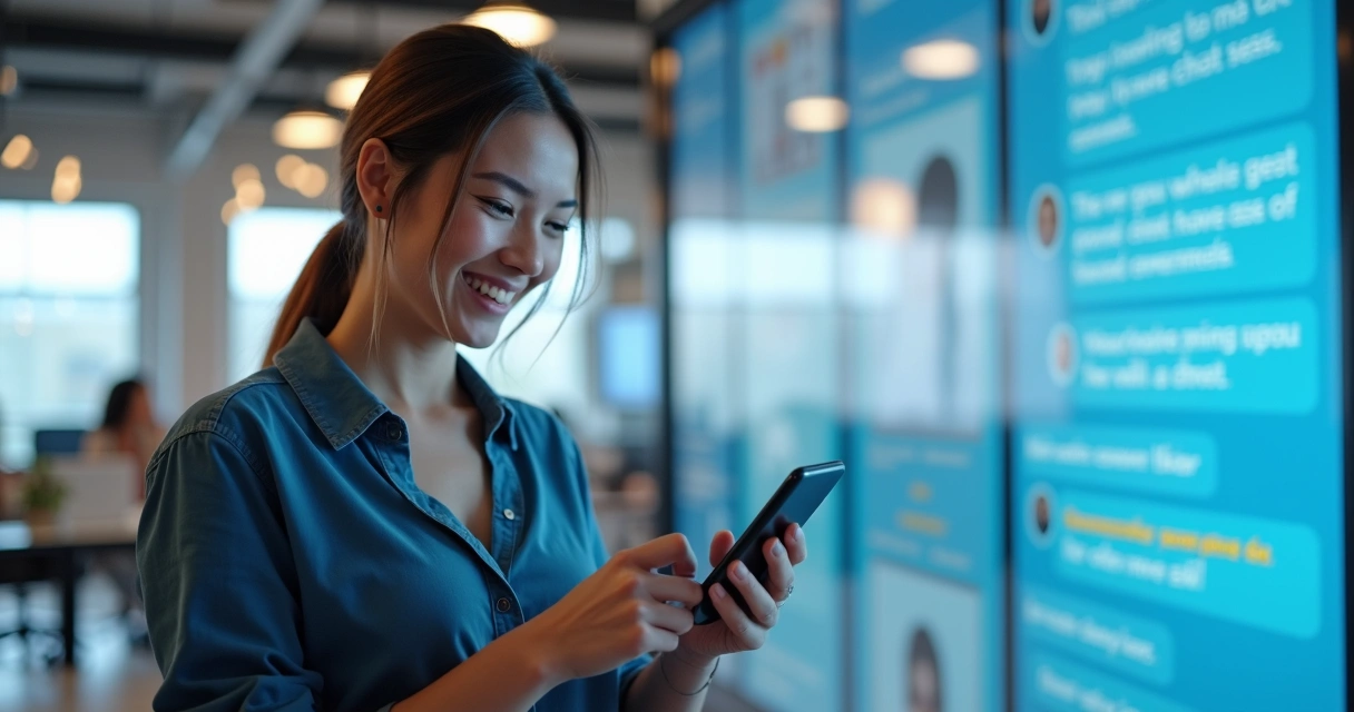Cliente satisfeito recebendo atendimento digital por chatbot em imobiliária, usando smartphone em ambiente moderno 