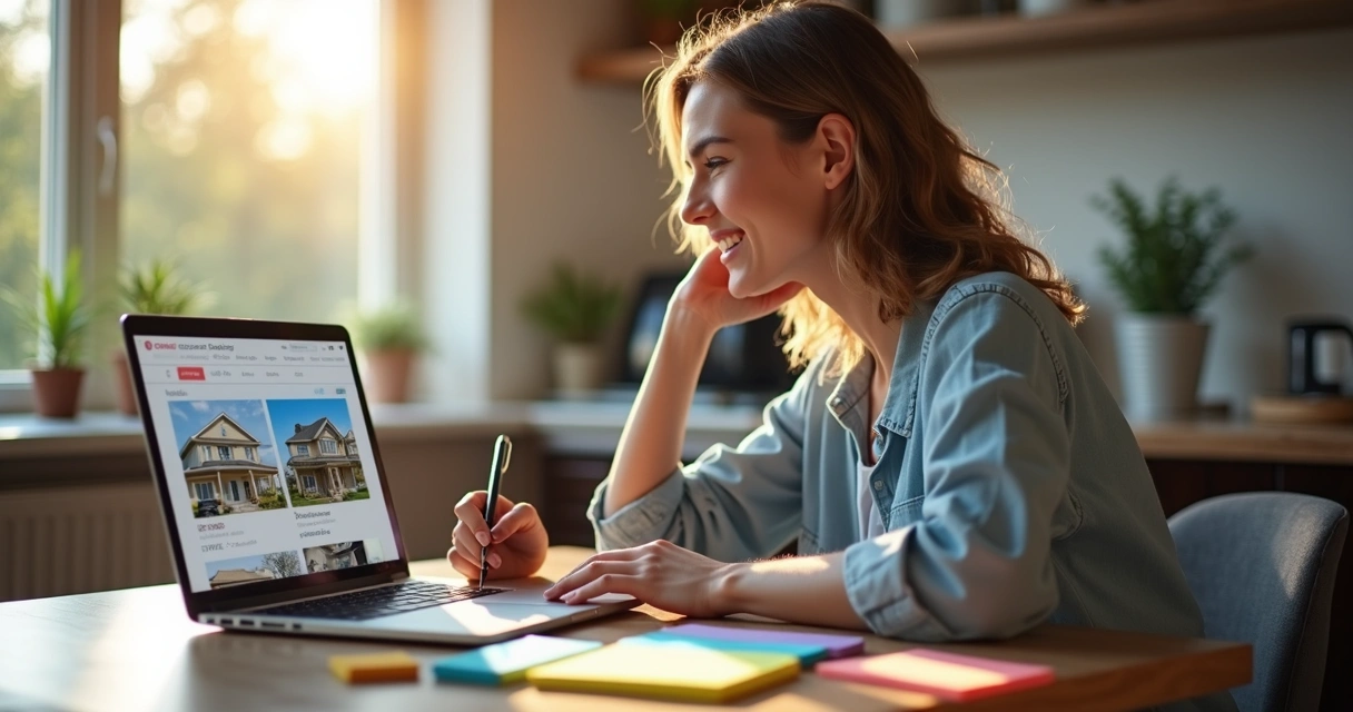 Cliente satisfeito usando notebook para buscar imóveis em site moderno 
