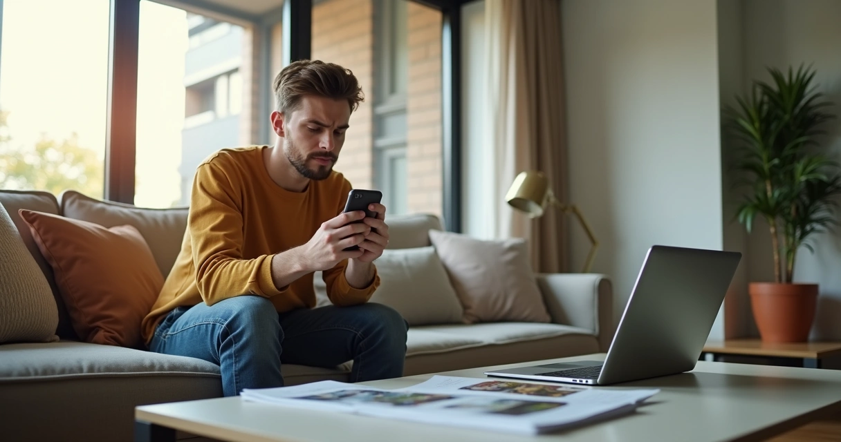 Cliente sentado em apartamento aguardando retorno de contato de imobiliária