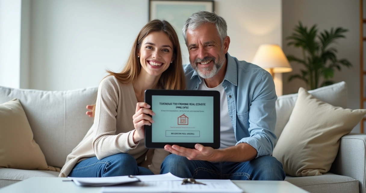Homem e mulher sorrindo após aprovação de proposta imobiliária 