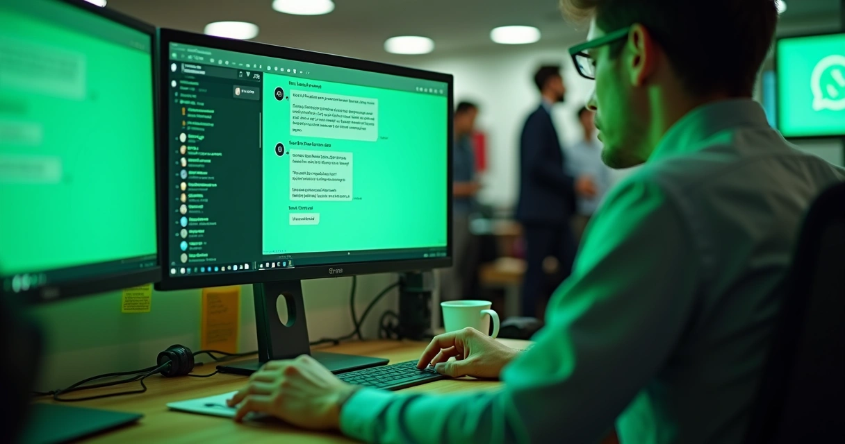 Profissional analisando histórico de conversas no WhatsApp de clientes 