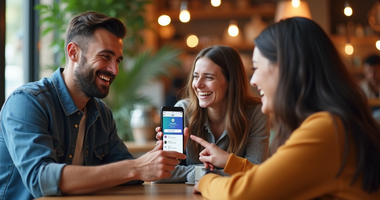 Cliente feliz mostrando aplicativo para amigos 