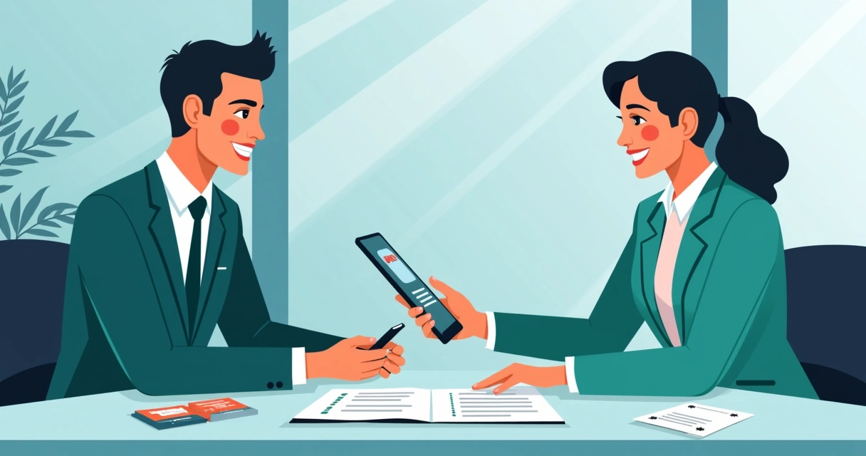 Cliente conversa animadamente com colega, mostrando pelo celular oferta da empresa 