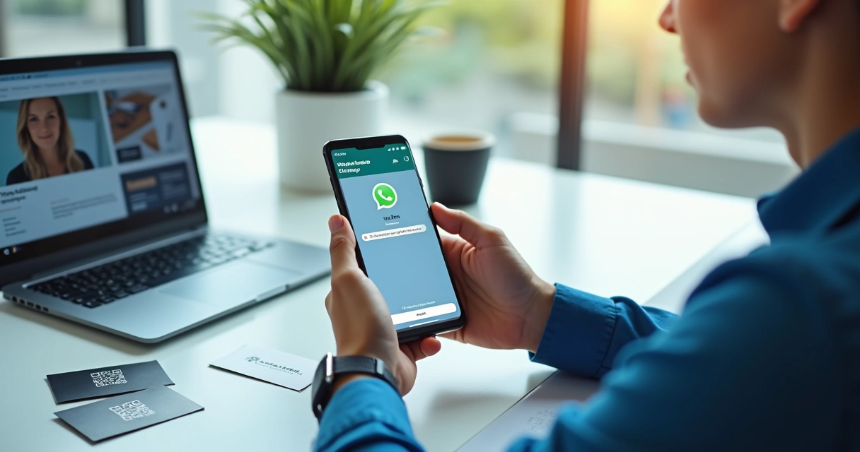 Cliente usando WhatsApp em smartphone, iniciando conversa com empresa