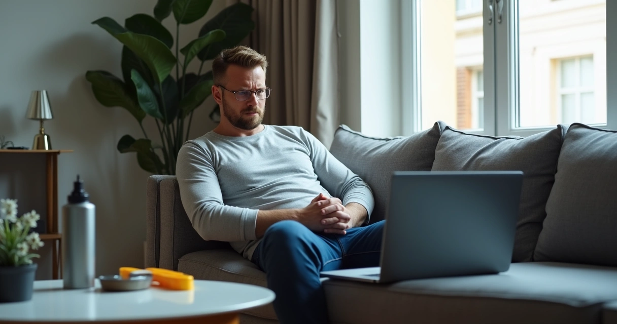 Cliente sentado em sofá olhando insatisfeito para tela de computador com chamado de assistência 