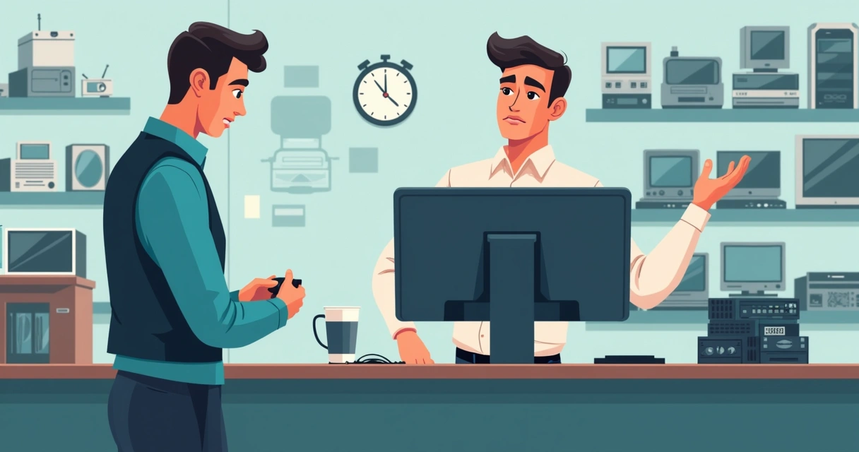 Cliente esperando com expressão insatisfeita em uma assistência técnica 