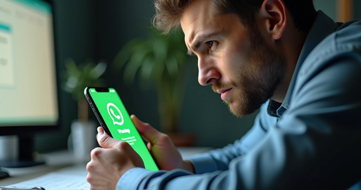 Pessoa descontente olhando para celular durante conversa no WhatsApp 