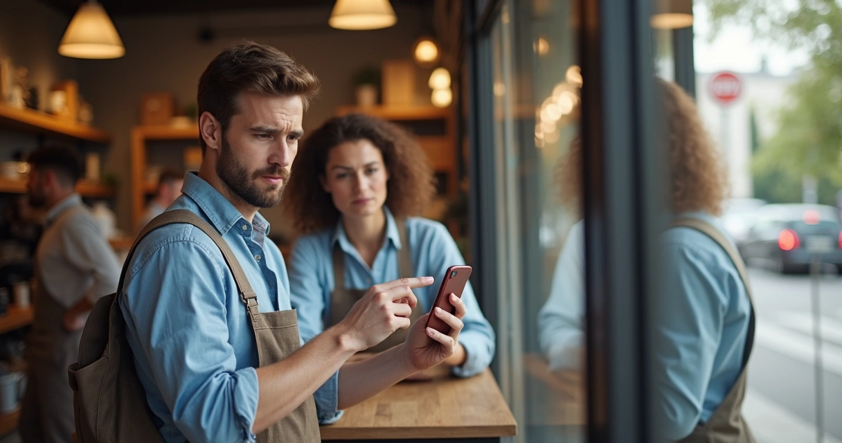 Cliente insatisfeito reclamando na frente de uma loja com celular na mão 