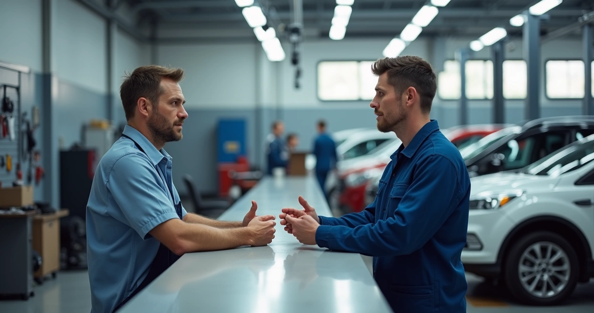 Cliente insatisfeito conversando com atendente em oficina mecânica 