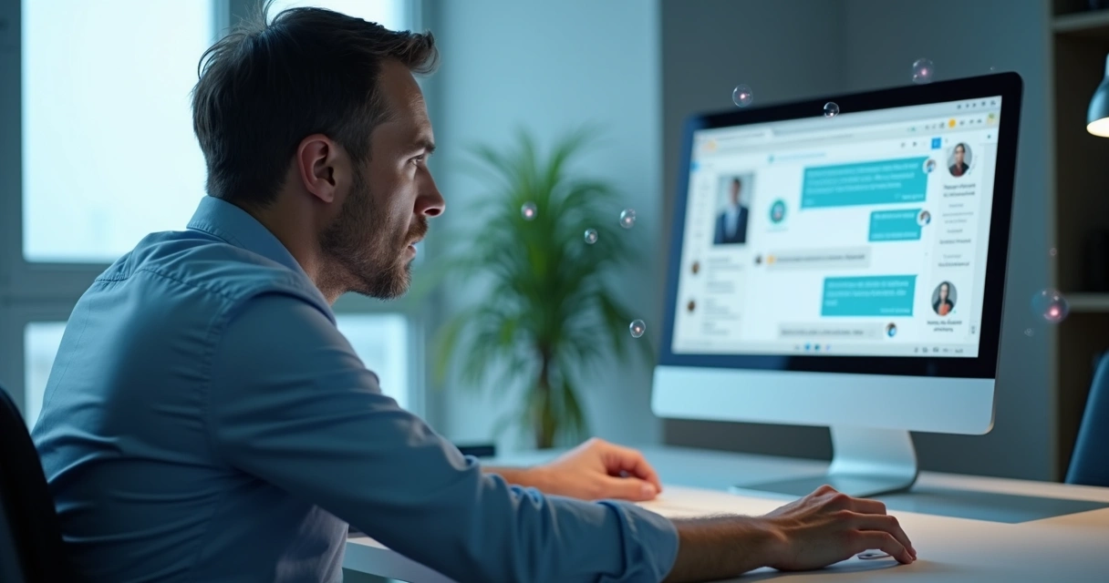 Man dissatisfied with chatbot on computer screen