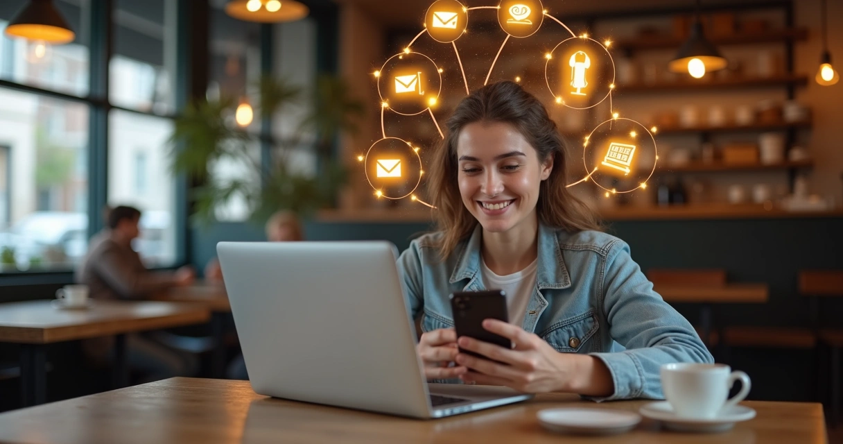 Pessoa usando celular no café com ícones de diferentes canais de contato ao redor