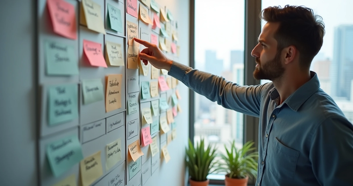 Profissional apontando para cartões Kanban em painel de Customer Success 