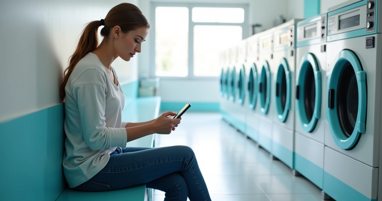 Cliente em lavanderia consultando o celular enquanto aguarda 
