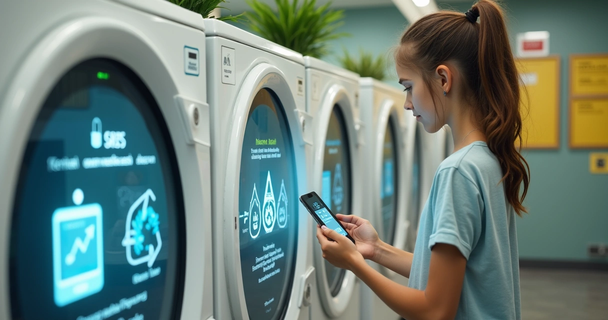 Cliente em lavanderia analisando informações sobre práticas sustentáveis 