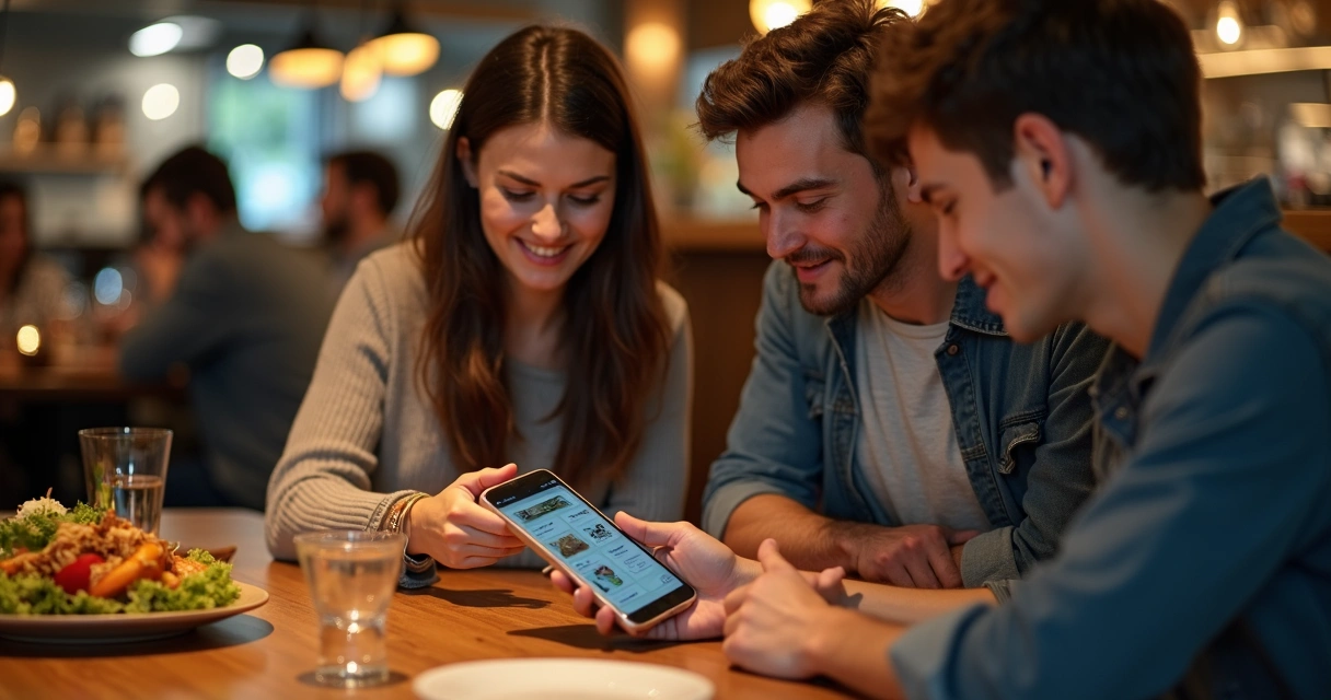 Cliente usando o cardápio digital no celular em restaurante moderno 