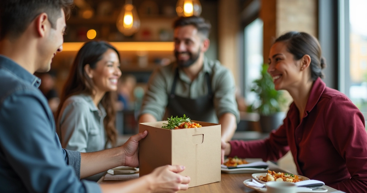Cliente sorrindo recebendo embalagem com sobras de restaurante