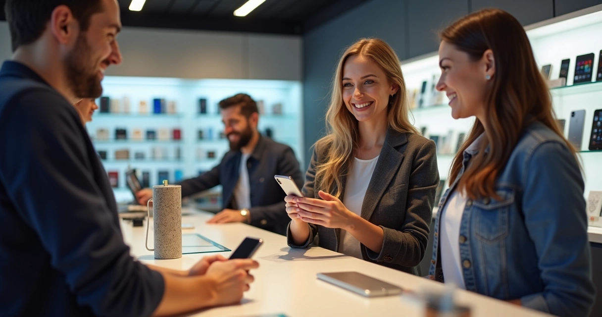 Cliente sorrindo após atendimento em loja de celulares.