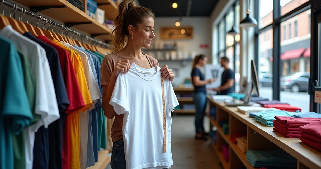 Cliente analisando camisetas personalizadas em estamparia de bairro moderna 