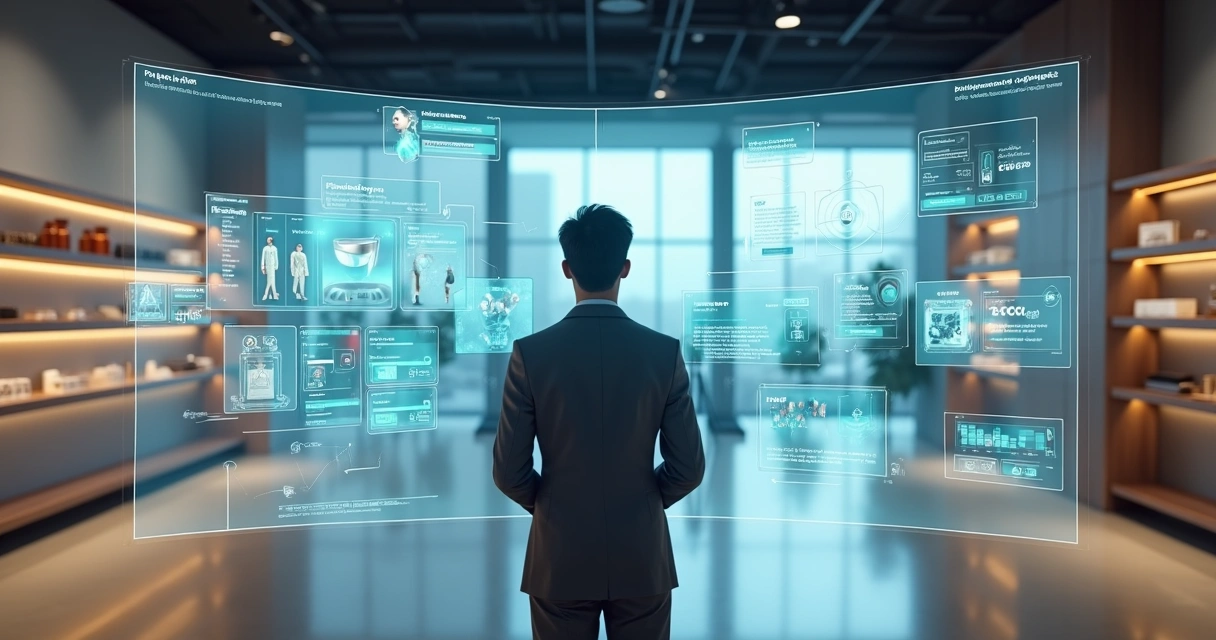 Consumidor em loja física cercado por telas digitais personalizando ofertas com IA 