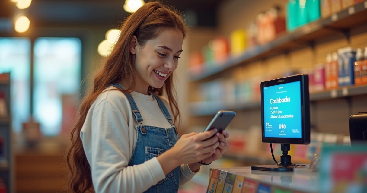 Cliente sorrindo ao receber saldo de cashback na loja 