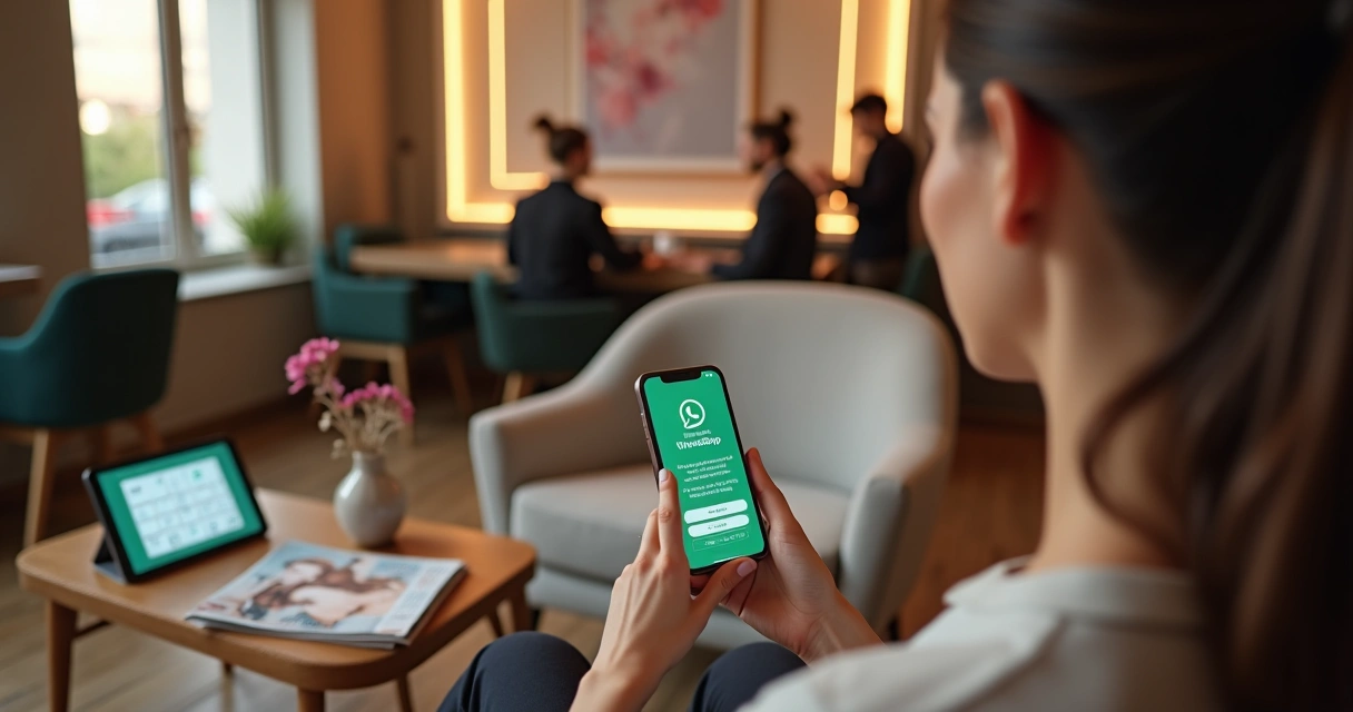 Cliente de beleza segurando celular com mensagens de pós-venda em salão moderno 