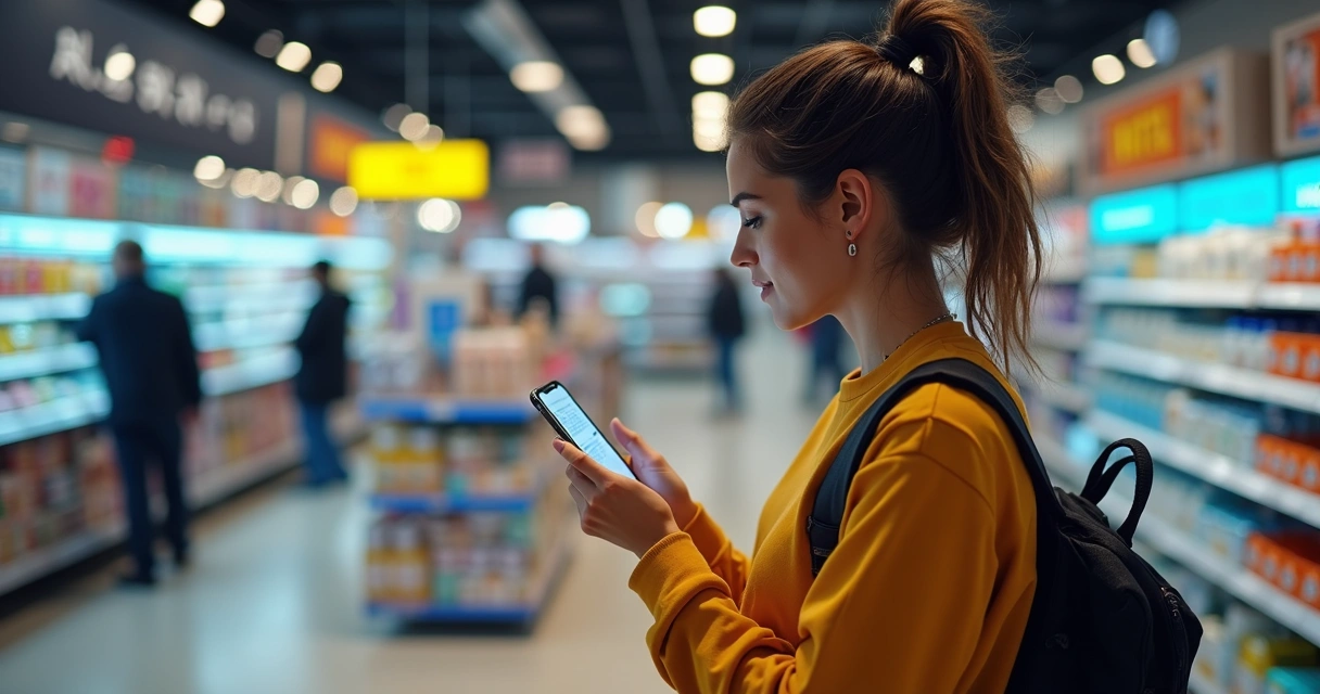 Cliente pesquisando produtos em loja física usando smartphone 
