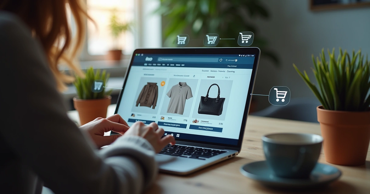 Pessoa navegando por loja virtual com produtos em destaque 