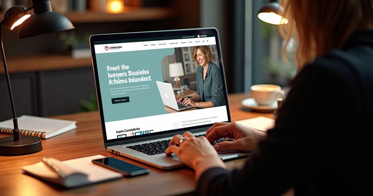 Cliente navegando em site empresarial em notebook 