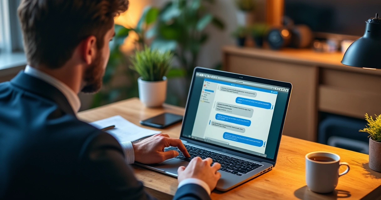 Homem usando laptop para negociar tarifas bancárias com atendimento online 