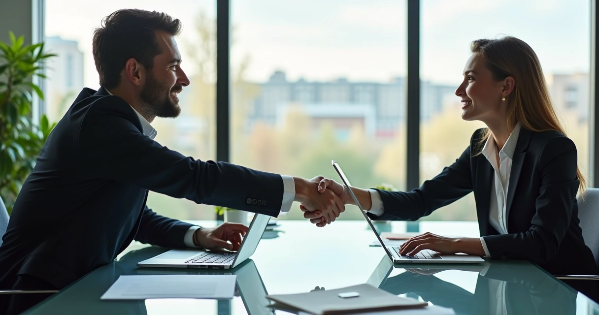 Empresários apertando as mãos em sala de reunião moderna 