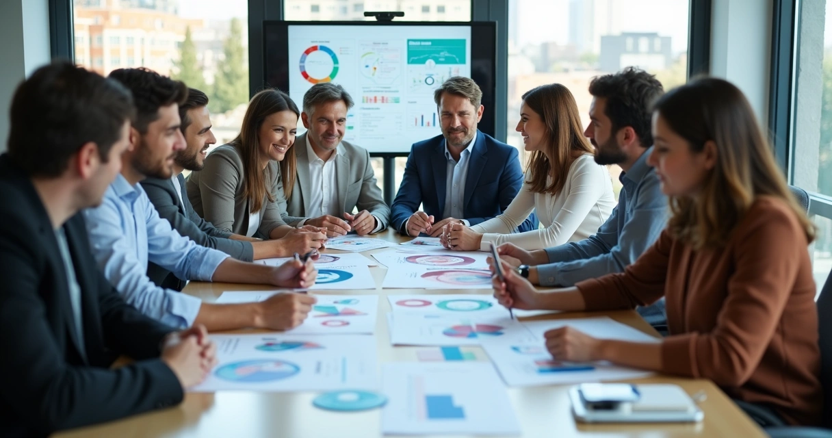 Equipe multidisciplinar reunida em volta de uma mesa, olhando para gráficos de feedback de clientes 