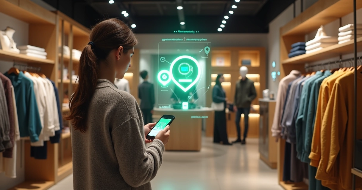 Consumidor em loja física usando smartphone para integração omnicanal 