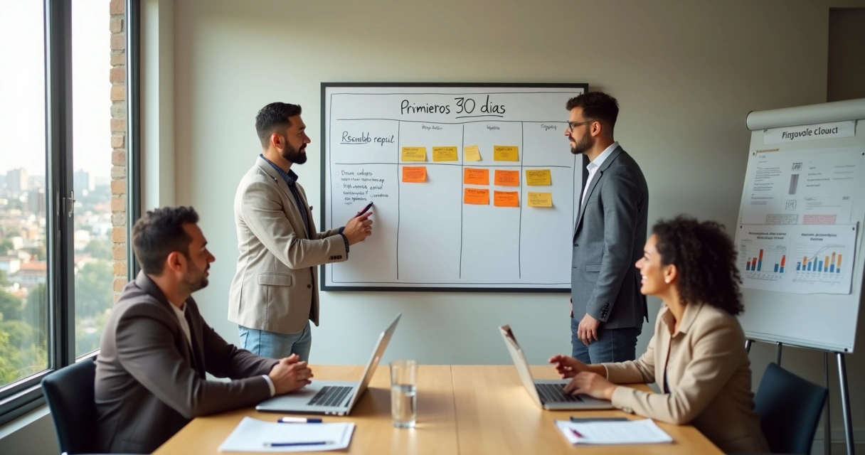 Gestor conduz onboarding de cliente apontando primeiro marco de 30 dias em cronograma na parede 