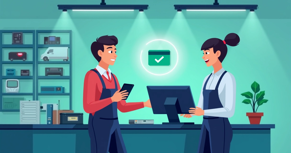 Cliente de assistência técnica realizando pagamento digital no balcão.