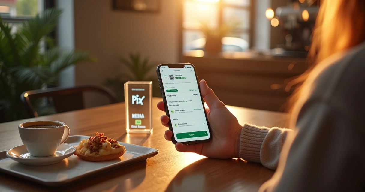 Cliente em cafeteria moderna pagando conta pelo Pix em cardápio digital no celular 