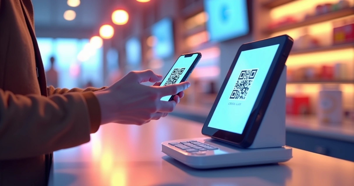 Pessoa realizando pagamento com QR code em ambiente de autosserviço