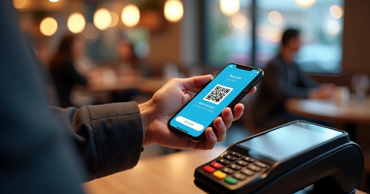 Cliente usando celular para pagar a conta via QR code