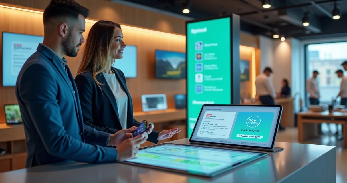 Gestor ajudando cliente a simular parcelamento fixo em tela de financiamento dentro de loja 