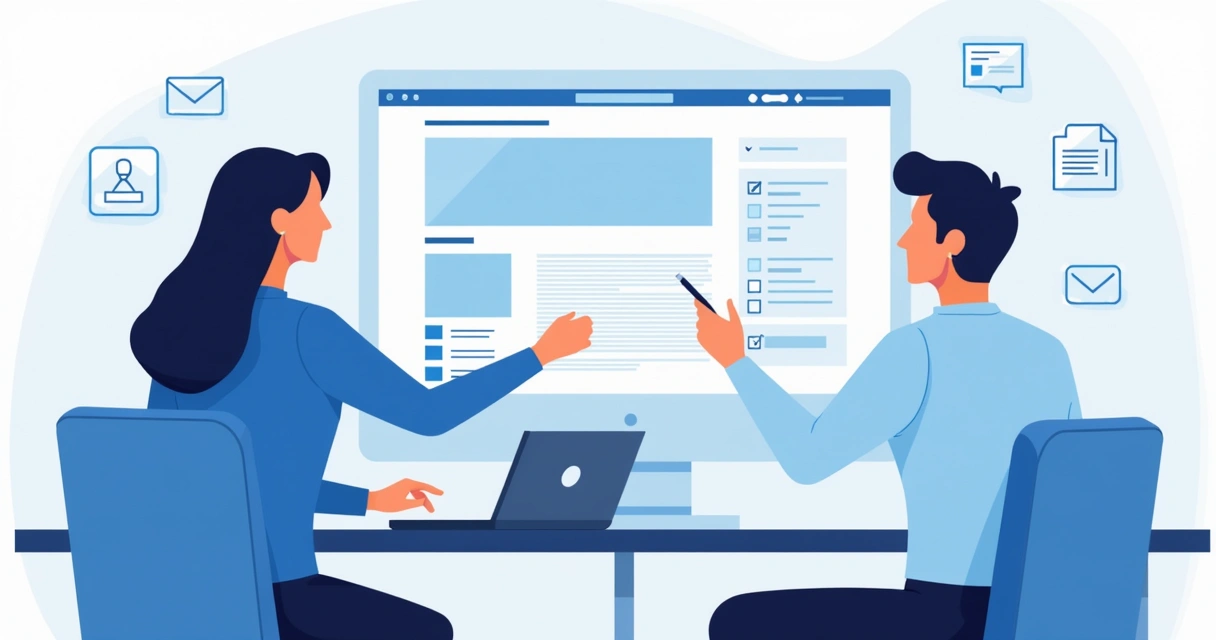 Cliente revisando site com profissional em tela de computador 
