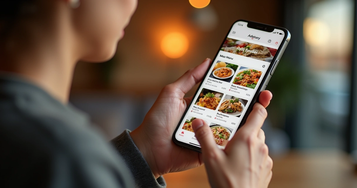 Cliente segurando celular fazendo pedido pelo aplicativo 