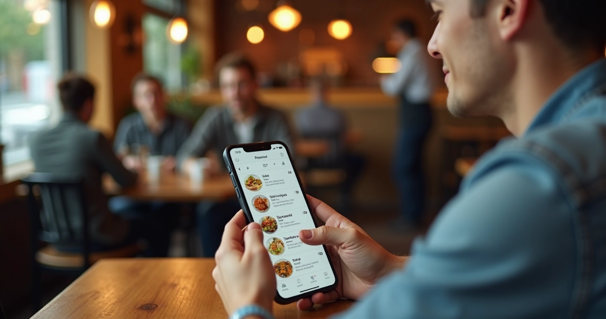 Cliente examinando cardápio digital no celular com opções de pratos e preços 