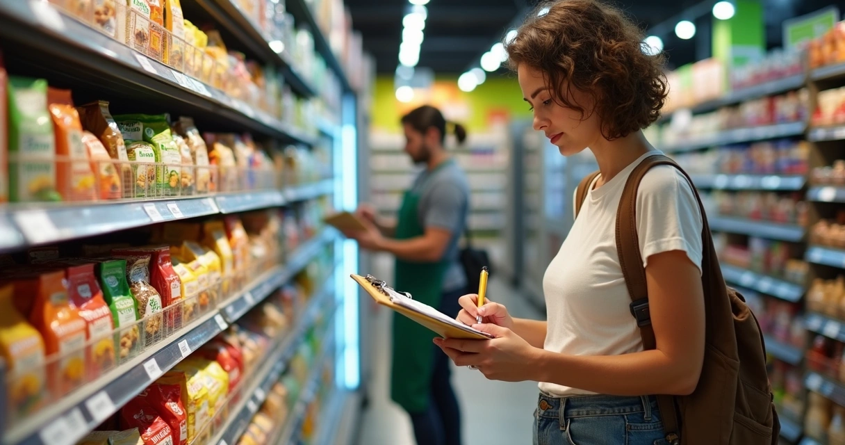 Cliente respondendo pesquisa de preço em loja de produtos naturais 