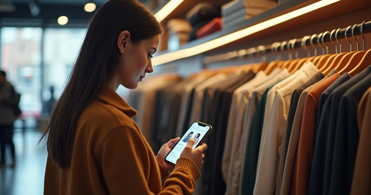 Cliente olhando catálogo digital em smartphone enquanto está na loja 