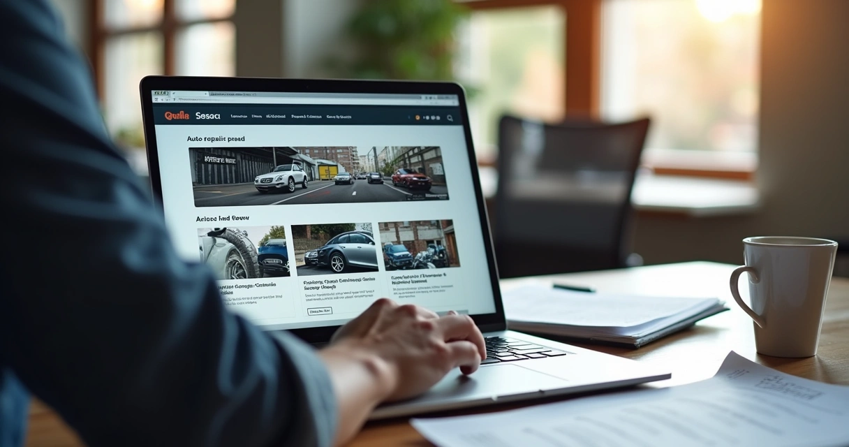 Pessoa pesquisando serviço automotivo no notebook em uma mesa clara 